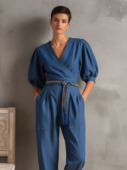 Women's Dark Blue Denim-Look Jumpsuit With Surplice Neck & Cuffed Ankles, Modern Effortless-Elegant Day Outfit MDZ2132D6LYL