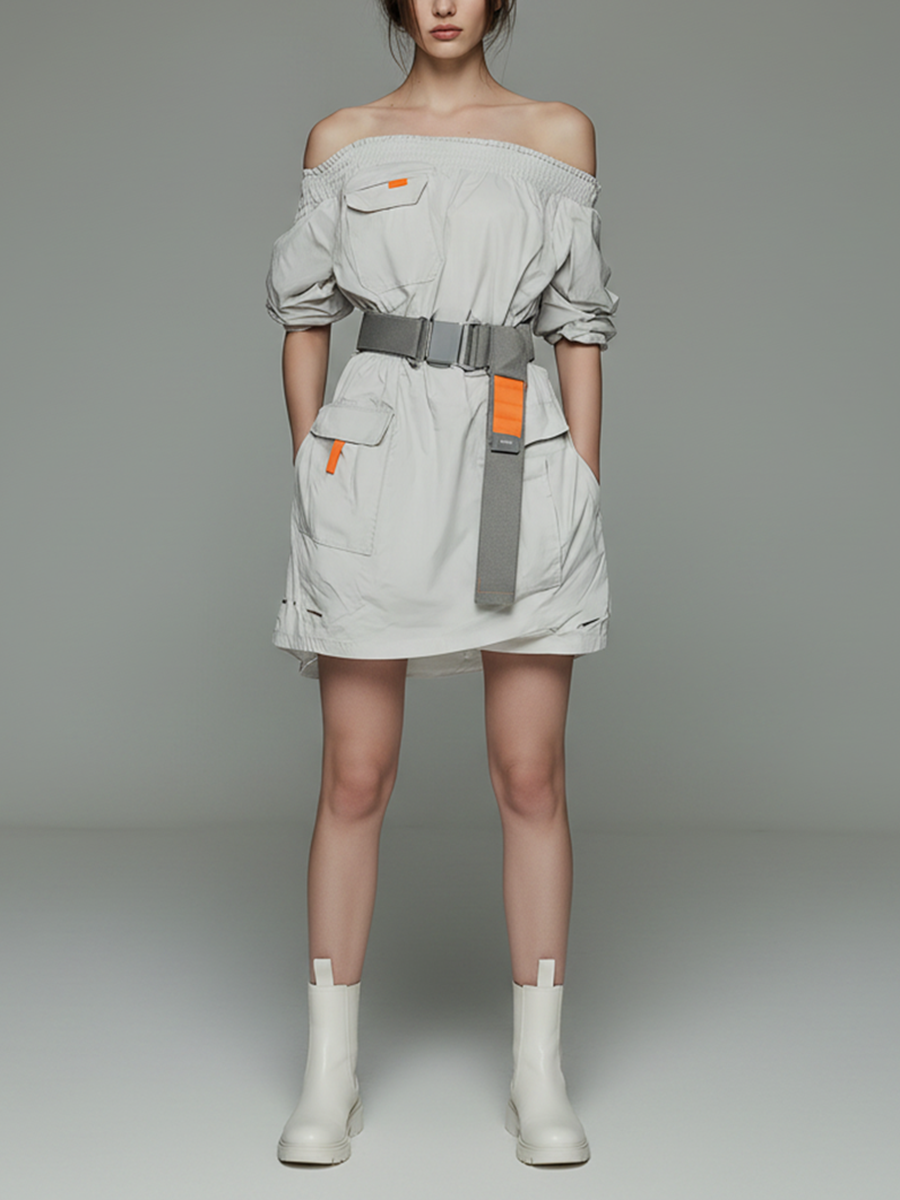 Women's Minimalist Techwear-Style Short Dress ¡ª Functional Design With Off-Shoulder Neckline And Elastic Waistband MDZ2116D5ZJW