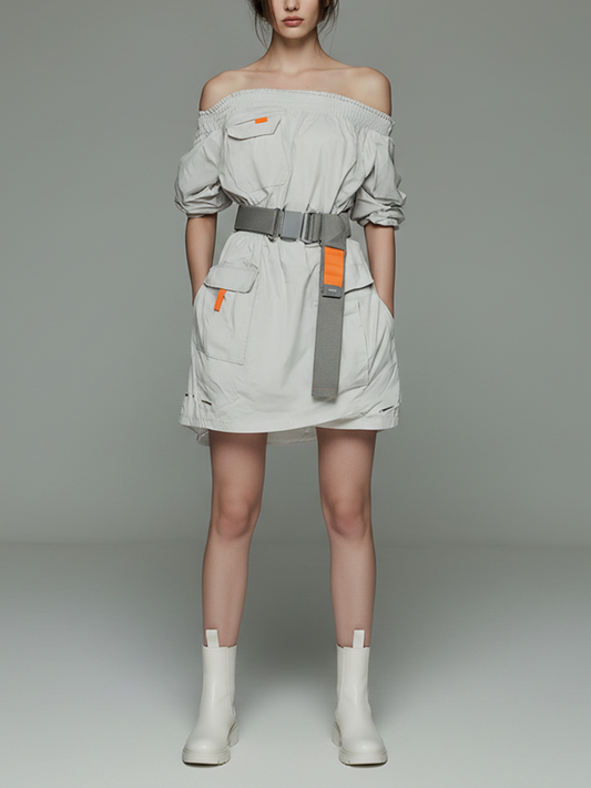 Women's Minimalist Techwear-Style Short Dress ¡ª Functional Design With Off-Shoulder Neckline And Elastic Waistband MDZ2116D5ZJW