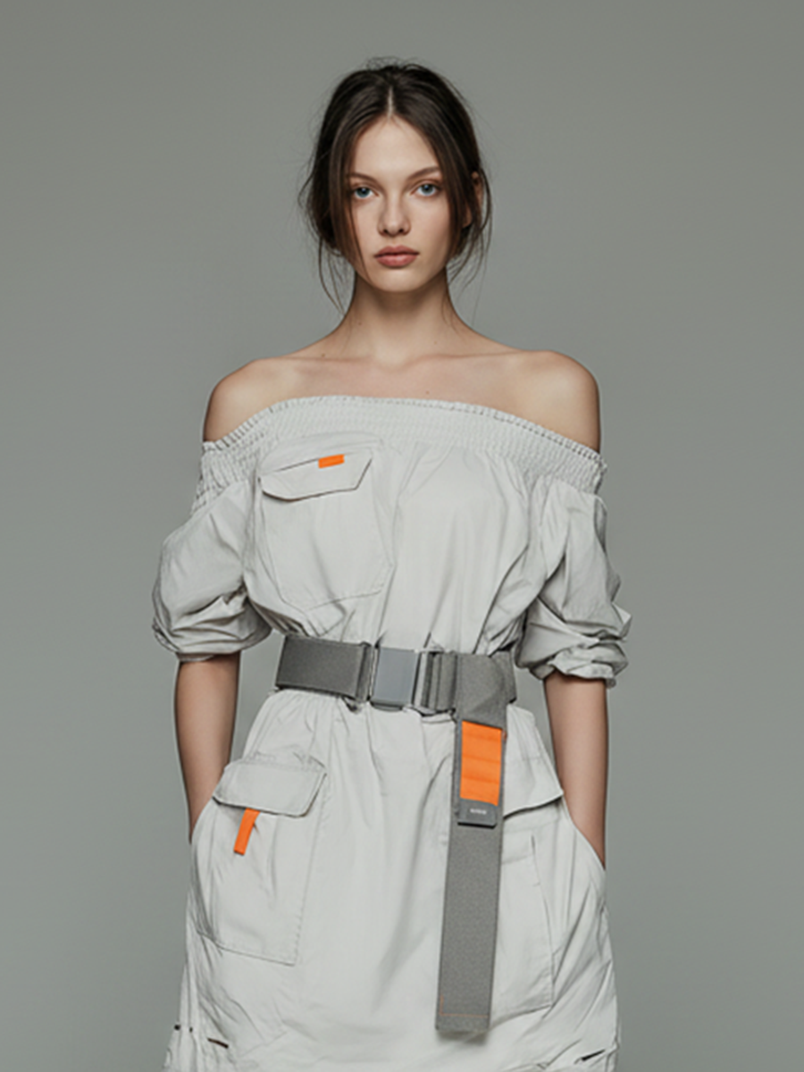 Women's Minimalist Techwear-Style Short Dress ¡ª Functional Design With Off-Shoulder Neckline And Elastic Waistband MDZ2116D5ZJW
