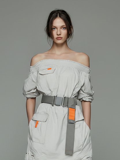 Women's Minimalist Techwear-Style Short Dress ¡ª Functional Design With Off-Shoulder Neckline And Elastic Waistband MDZ2116D5ZJW