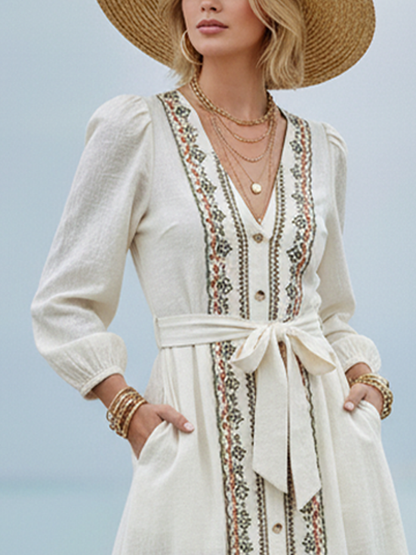 Women's Bohemian Off-White Linen-Cotton Embroidered Tie-Waist Maxi Dress MDZ2193D1GMJ