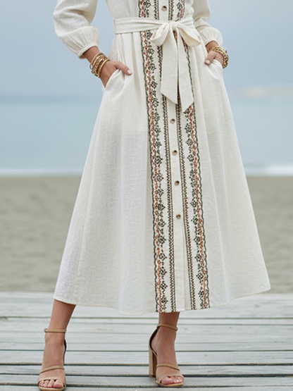 Women's Bohemian Off-White Linen-Cotton Embroidered Tie-Waist Maxi Dress MDZ2193D1GMJ