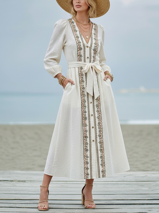 Women's Bohemian Off-White Linen-Cotton Embroidered Tie-Waist Maxi Dress MDZ2193D1GMJ