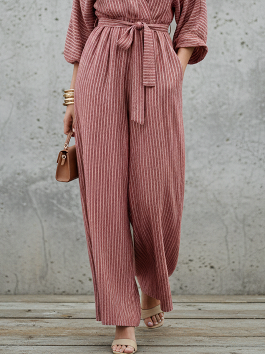 Women's Casual Dusty Pink And White Linen-Cotton Striped V-Neck Waisted Wide-Leg Jumpsuit MDZ2146D4GMJ