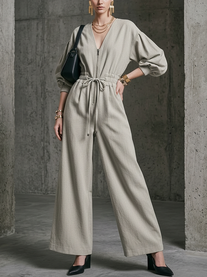 Women's Commuter Light Gray Linen-Cotton Zip-Up Waisted Wide-Leg Jumpsuit MDZ2174D2GMJ