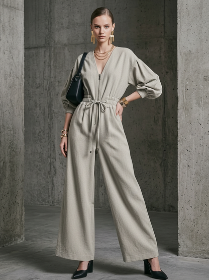 Women's Commuter Light Gray Linen-Cotton Zip-Up Waisted Wide-Leg Jumpsuit MDZ2174D2GMJ