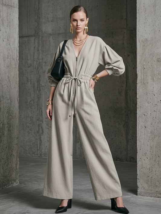 Women's Commuter Light Gray Linen-Cotton Zip-Up Waisted Wide-Leg Jumpsuit MDZ2174D2GMJ