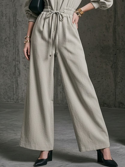 Women's Commuter Light Gray Linen-Cotton Zip-Up Waisted Wide-Leg Jumpsuit MDZ2174D2GMJ