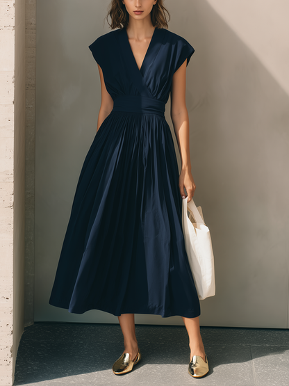Women's Modern Minimalist French-Style Elegant Dress ¡ª V-Neck, X-Silhouette, Cinched Waist, Deep Navy Blue  MDZ2136D9ZJW