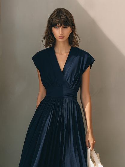 Women's Modern Minimalist French-Style Elegant Dress ¡ª V-Neck, X-Silhouette, Cinched Waist, Deep Navy Blue  MDZ2136D9ZJW
