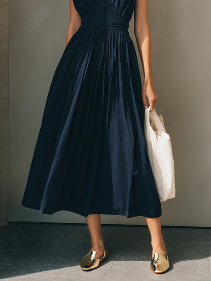Women's Modern Minimalist French-Style Elegant Dress ¡ª V-Neck, X-Silhouette, Cinched Waist, Deep Navy Blue  MDZ2136D9ZJW