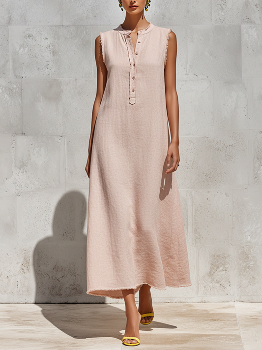 Women's Blush Pink Linen-Blend Maxi Dress With Frayed Trim & Henley Neck, Timeless Minimalist-Chic Style Dress MDZ2242D0LYL