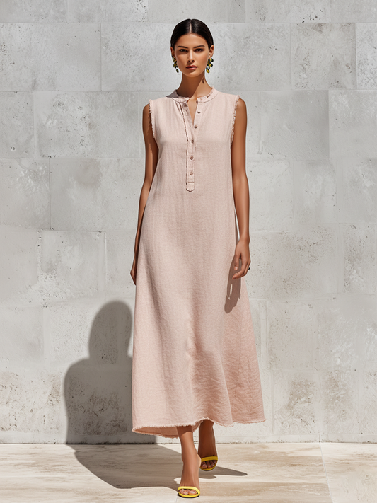 Women's Blush Pink Linen-Blend Maxi Dress With Frayed Trim & Henley Neck, Timeless Minimalist-Chic Style Dress MDZ2242D0LYL