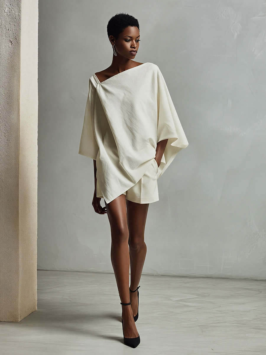 Women's Ivory Linen-Blend Two-Piece Set With Draped Tunic Top & Tailored Shorts, Modern Effortless-Elegant Outfit MDZ2236D5LYL