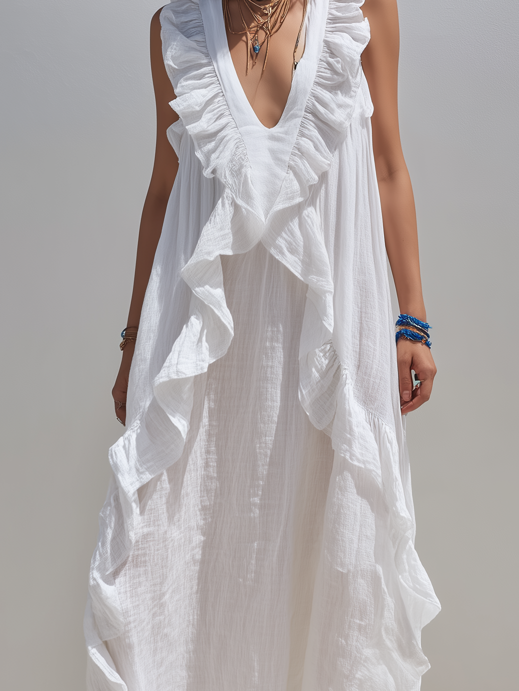 Women's Casual White Cotton-Linen V-Neck Sleeveless Ruffled Maxi Dress MDZ2207D6LXY