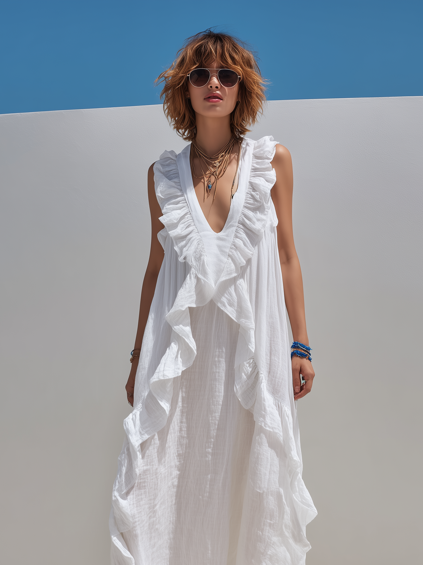 Women's Casual White Cotton-Linen V-Neck Sleeveless Ruffled Maxi Dress MDZ2207D6LXY