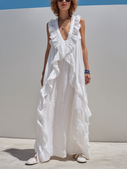Women's Casual White Cotton-Linen V-Neck Sleeveless Ruffled Maxi Dress MDZ2207D6LXY