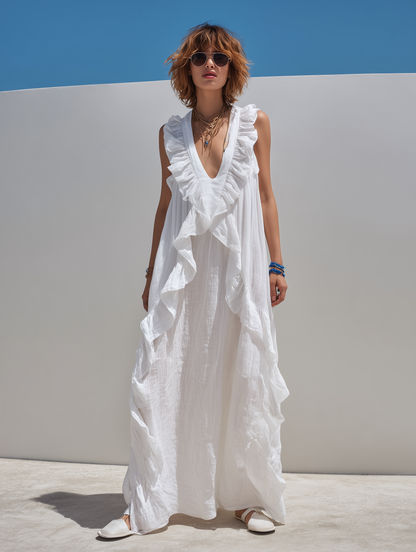 Women's Casual White Cotton-Linen V-Neck Sleeveless Ruffled Maxi Dress MDZ2207D6LXY