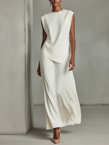 Women's Ivory Crepe Two-Piece Set With Asymmetric Tunic Top & Maxi Skirt, Timeless Minimalist-Chic Outfit MDZ2295D9LYL