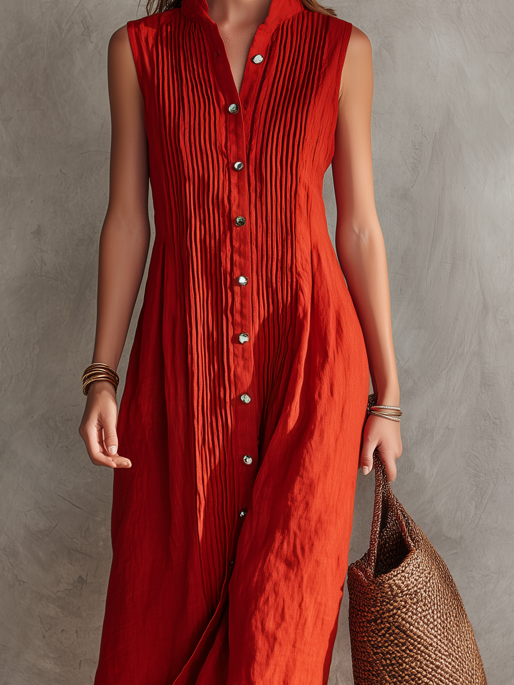 Women's Casual Red Cotton-Linen Sleeveless Loose-Fit Midi Dress With Round Neck MDZ2299D8LXY