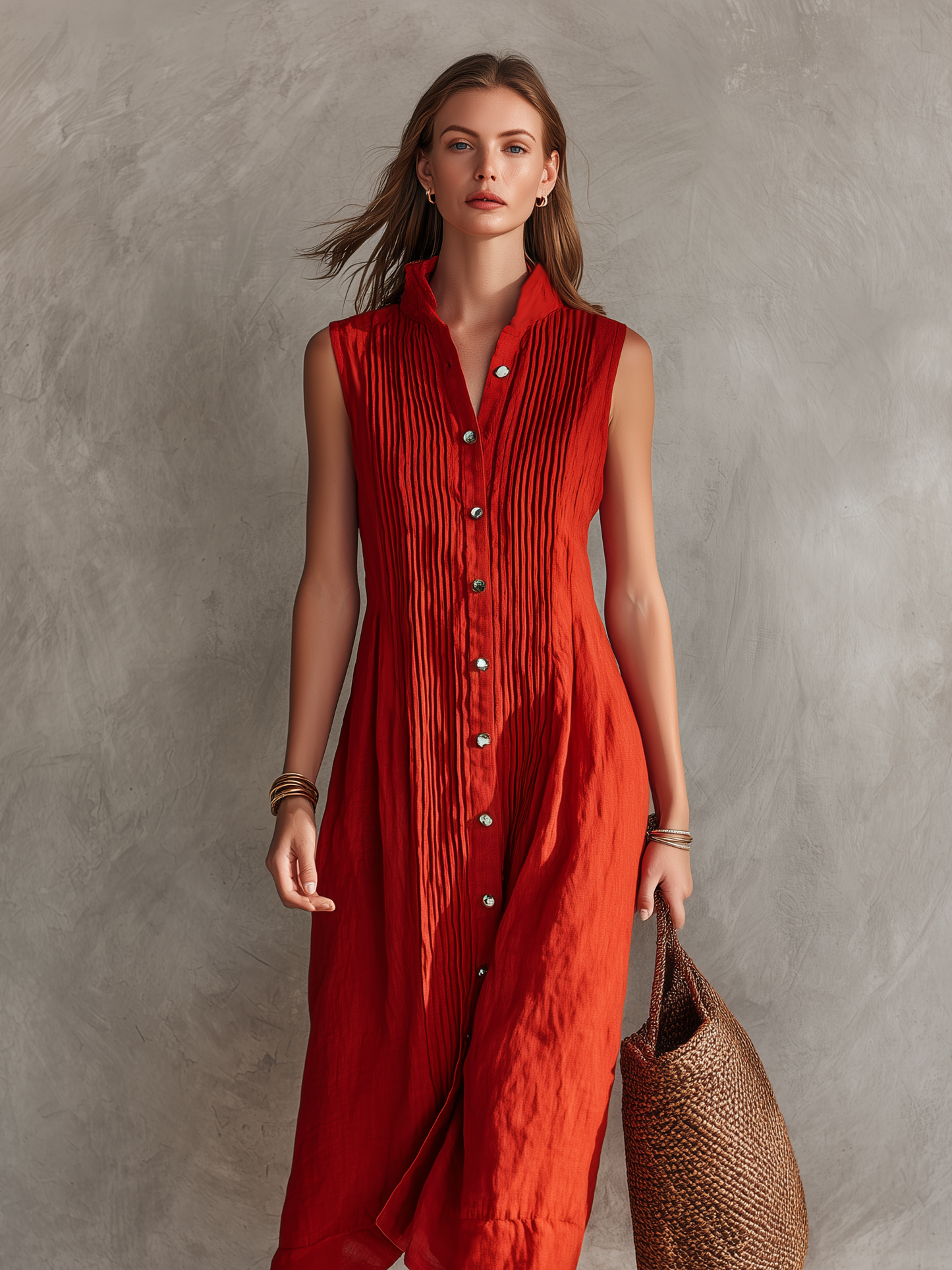 Women's Casual Red Cotton-Linen Sleeveless Loose-Fit Midi Dress With Round Neck MDZ2299D8LXY