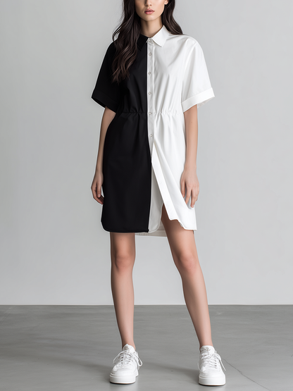 Women's Minimalist Black & White Color-Block Shirt Dress With Subtle Waist-Cinching MDZ2272D3ZJW