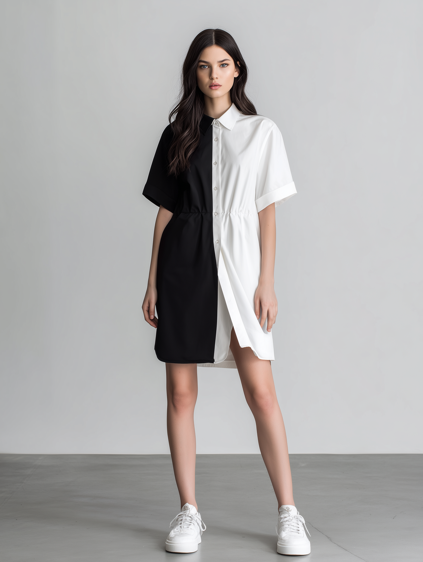 Women's Minimalist Black & White Color-Block Shirt Dress With Subtle Waist-Cinching MDZ2272D3ZJW