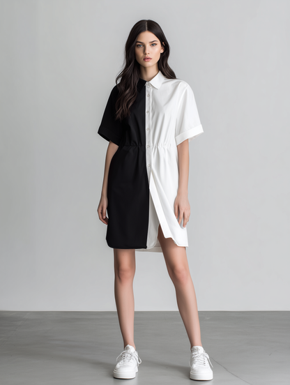 Women's Minimalist Black & White Color-Block Shirt Dress With Subtle Waist-Cinching MDZ2272D3ZJW