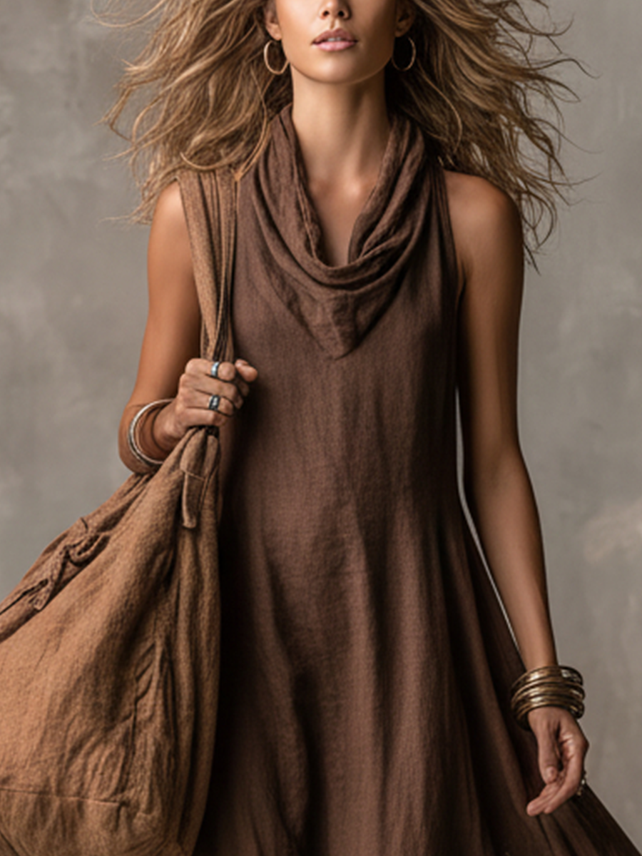 Women's Bohemian Dark Brown Linen-Cotton Cowl Neck Sleeveless Flowy Maxi Dress MDZ2220D4GMJ