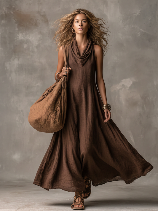 Women's Bohemian Dark Brown Linen-Cotton Cowl Neck Sleeveless Flowy Maxi Dress MDZ2220D4GMJ