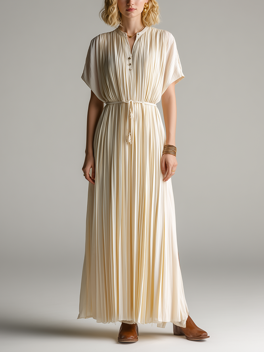 Women's Minimalist & Elegant Pleated Maxi Dress ¡ª Off-White, Short Sleeve MDZ2202D7ZJW