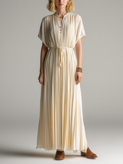 Women's Minimalist & Elegant Pleated Maxi Dress ¡ª Off-White, Short Sleeve MDZ2202D7ZJW