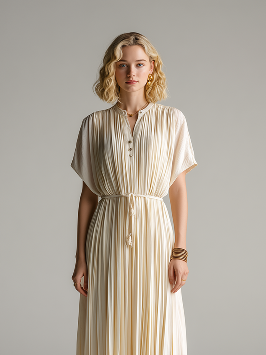 Women's Minimalist & Elegant Pleated Maxi Dress ¡ª Off-White, Short Sleeve MDZ2202D7ZJW