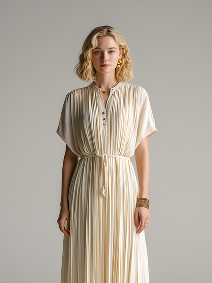 Women's Minimalist & Elegant Pleated Maxi Dress ¡ª Off-White, Short Sleeve MDZ2202D7ZJW