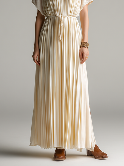 Women's Minimalist & Elegant Pleated Maxi Dress ¡ª Off-White, Short Sleeve MDZ2202D7ZJW