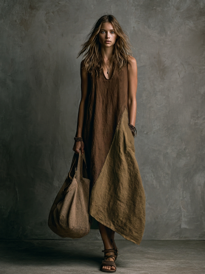Women's Casual Brown And Khaki Cotton-Linen Patchwork V-Neck Sleeveless Asymmetrical Long Dress MDZ2290D1GMJ