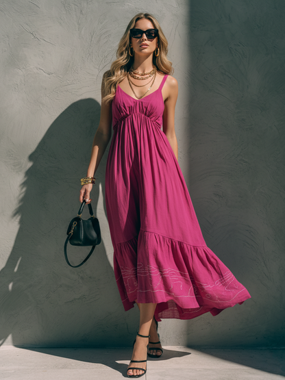 Women's Fashionable Rose Red Cotton Linen Camisole Embroidered V-Neck Midi Dress MDZ2227D5GMJ