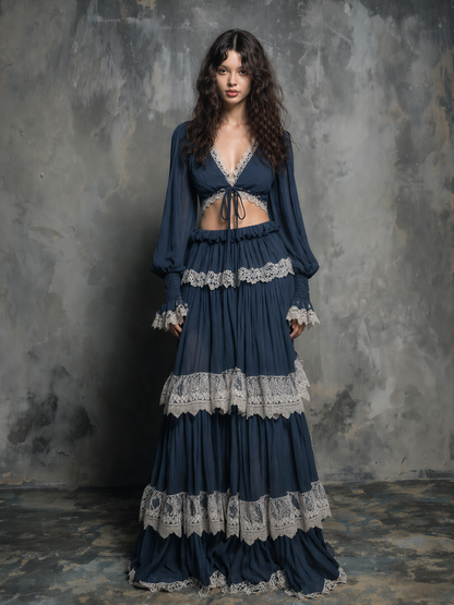 Women's Bohemian-Style Vintage Romantic Deep Navy Blue Lace-Trimmed Tiered Maxi Skirt And Cropped Top Set MDZ2220D5ZJW