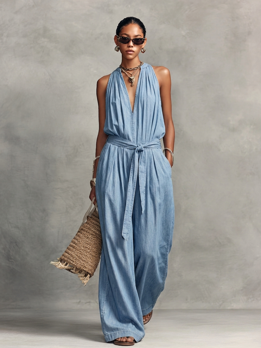Women's Casual Light Blue Denim-Look Halter V-Neck Tie-Waist Wide-Leg Jumpsuit MDZ2269D0GMJ