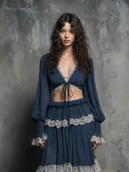 Women's Bohemian-Style Vintage Romantic Deep Navy Blue Lace-Trimmed Tiered Maxi Skirt And Cropped Top Set MDZ2220D5ZJW