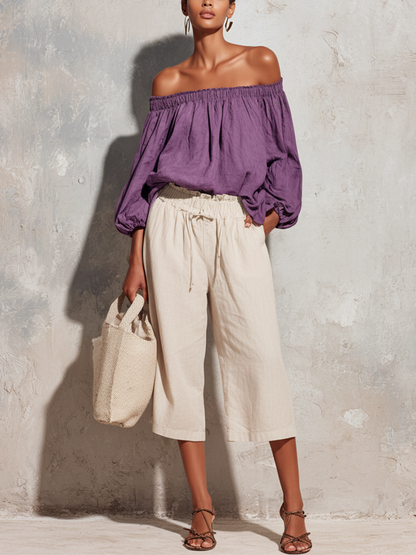 Women's Casual Style Purple Cotton And Linen Off-Shoulder Long Lantern Sleeve Top And White Cotton And Linen Capri Pants Set MDZ2279D4GMJ