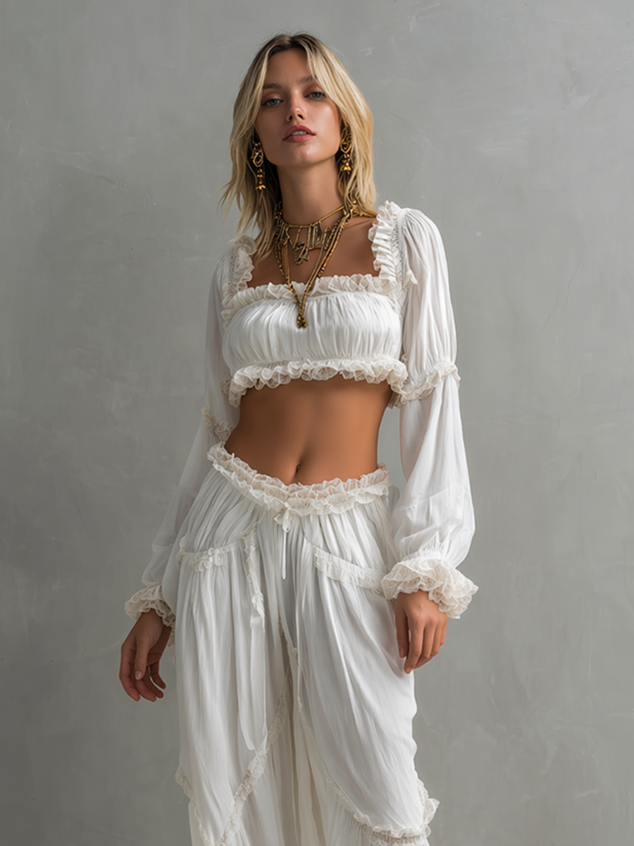 Women's Bohemian-Style White Chiffon & Lace Crop Top And Pants Set MDZ2290D8ZJW