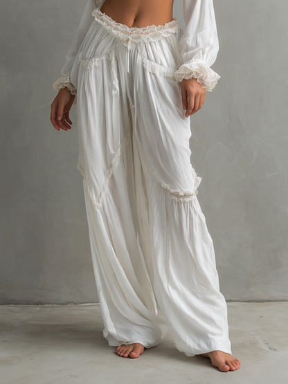 Women's Bohemian-Style White Chiffon & Lace Crop Top And Pants Set MDZ2290D8ZJW