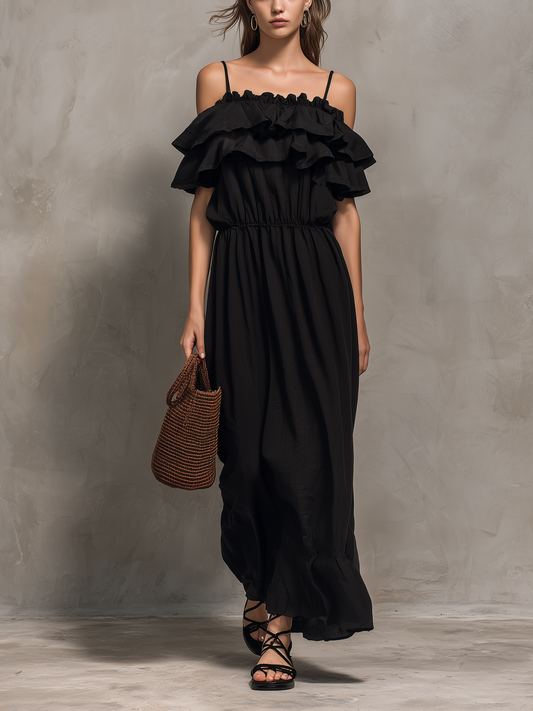 Women's Casual Black Cotton-Linen Maxi Dress ¡ª Strappy, Ruffled, Strapless-Style, Sleeveless MDZ2332D4LXY
