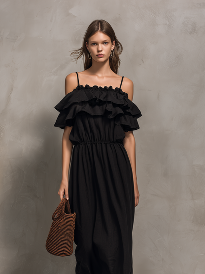Women's Casual Black Cotton-Linen Maxi Dress ¡ª Strappy, Ruffled, Strapless-Style, Sleeveless MDZ2332D4LXY