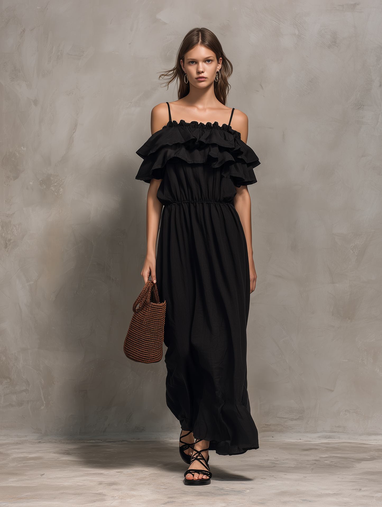 Women's Casual Black Cotton-Linen Maxi Dress ¡ª Strappy, Ruffled, Strapless-Style, Sleeveless MDZ2332D4LXY