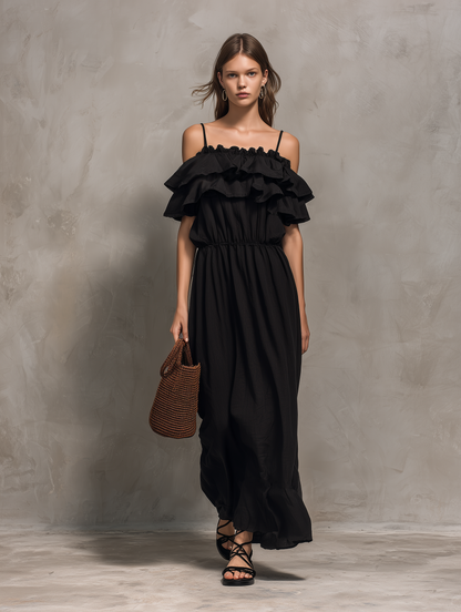 Women's Casual Black Cotton-Linen Maxi Dress ¡ª Strappy, Ruffled, Strapless-Style, Sleeveless MDZ2332D4LXY