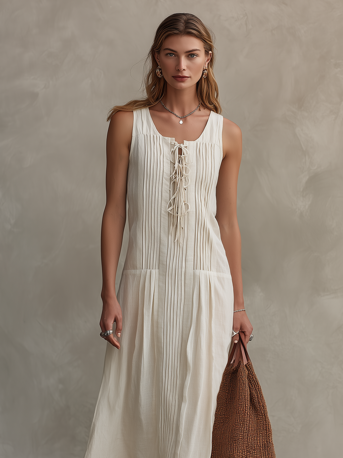 Women's Casual Sleeveless Maxi Dress In Ecru Cotton-Linen Blend MDZ2389D5LXY