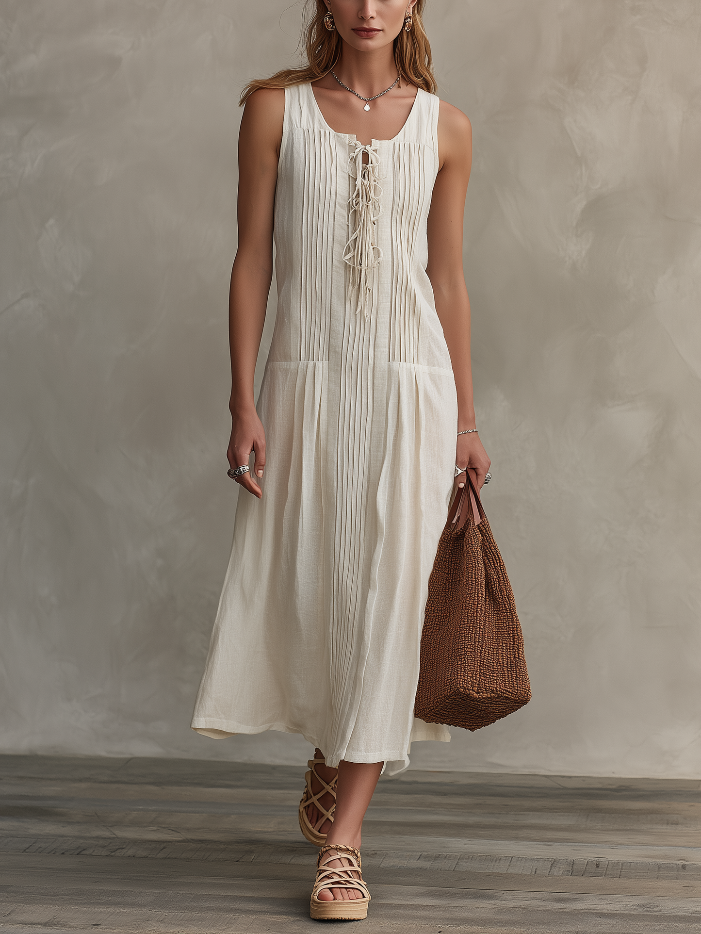 Women's Casual Sleeveless Maxi Dress In Ecru Cotton-Linen Blend MDZ2389D5LXY